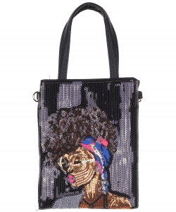 African-American Women Design Reversible Sequin Mini Tote Bag  S039HG BLACK